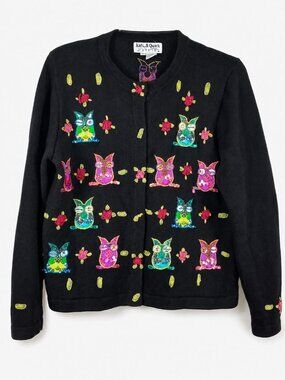 JACK B QUICK Vtg long sleeved black multi-colored Owl beaded design Sweater Sz S